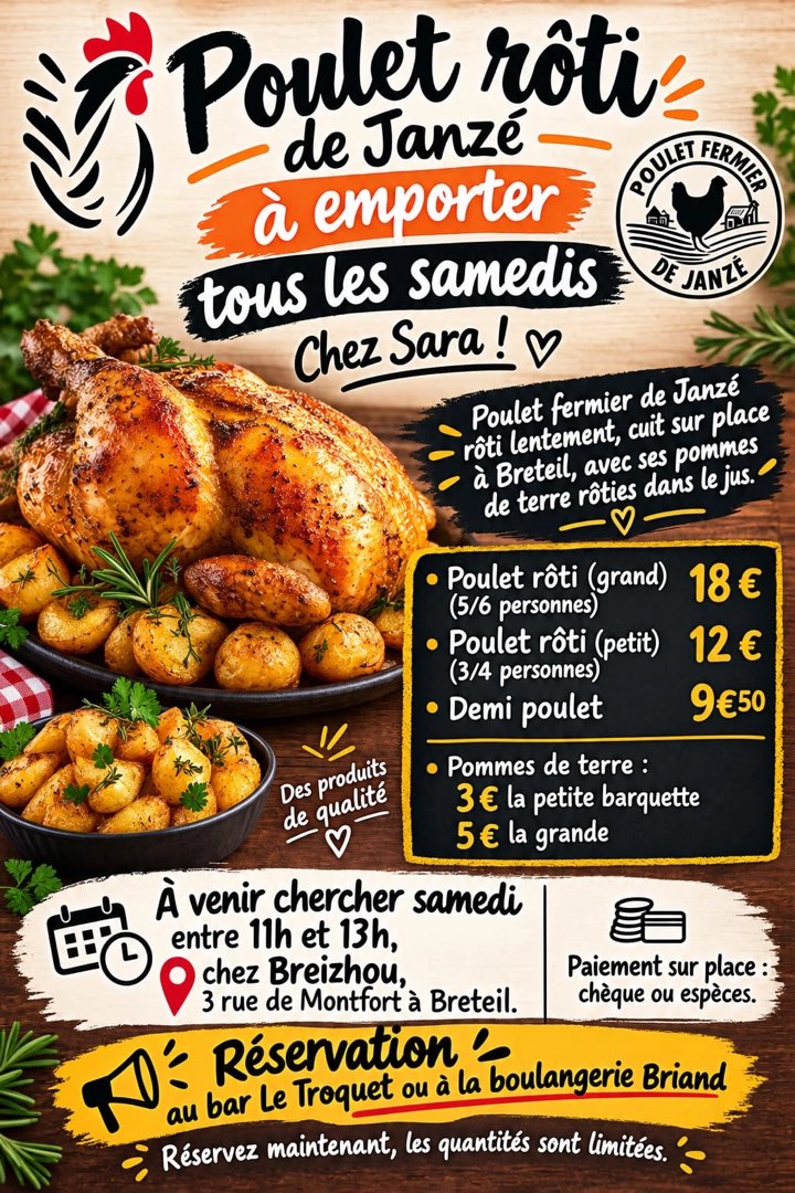 L'affiche Chez Sara : poulet rôti de Janzé à emporter tous les samedis, avec la carte et les prix