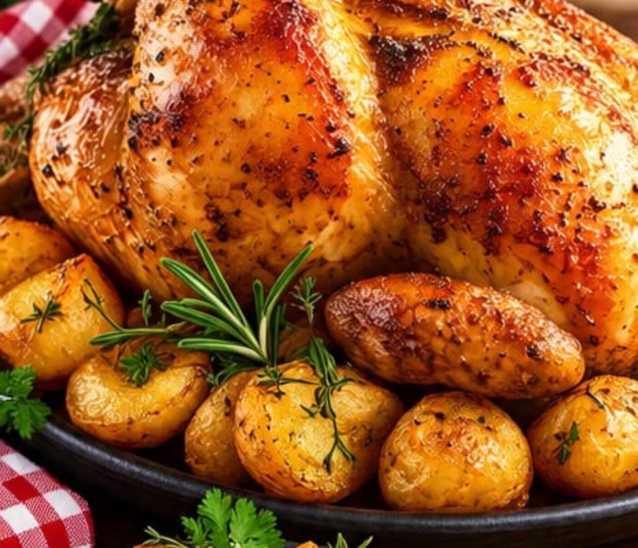 Poulet rôti entier dans son plat, avec ses pommes de terre
